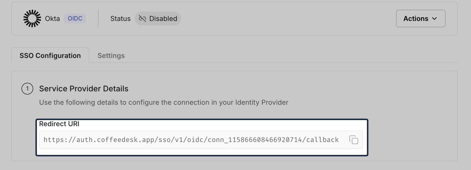Copy Redirect URI from the SSO Configuration Portal