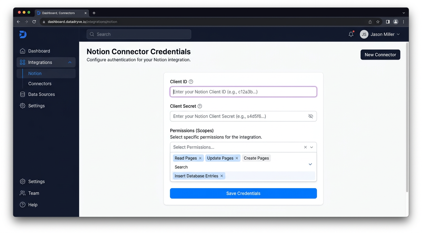 Adding credentials for Notion in Scalekit dashboard