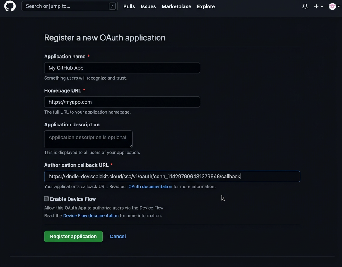 Adding callback URL in GitHub OAuth app settings
